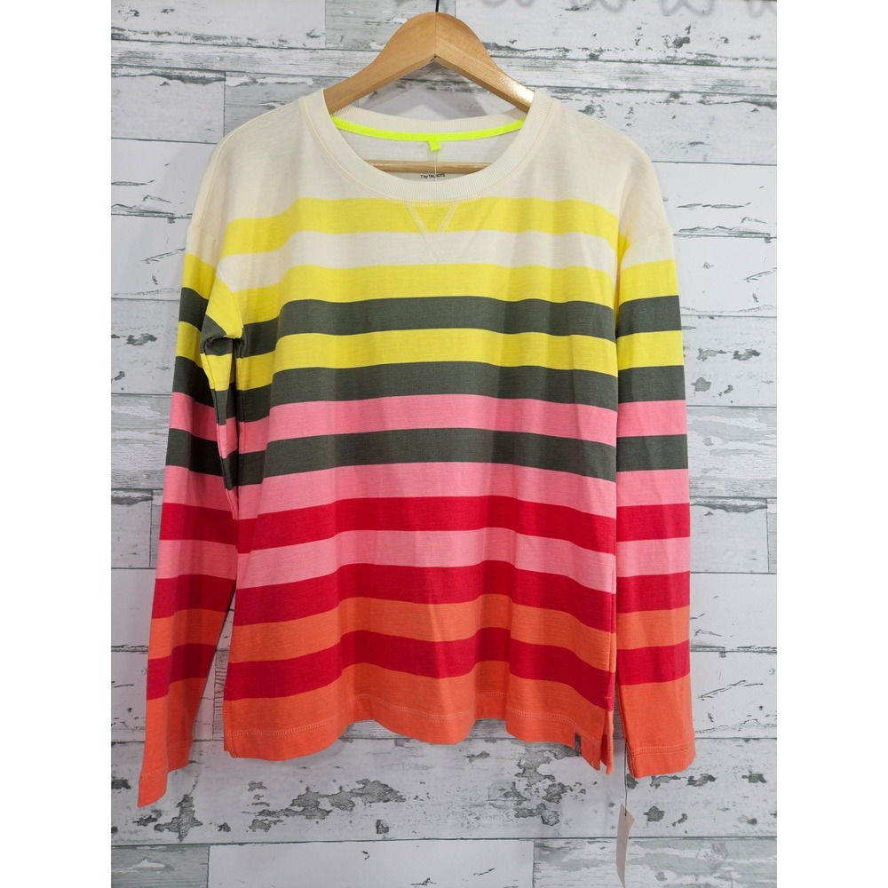 T by Talbots Womens XS Striped Long Sleeve Crewneck Top Yellow Pink Red 58312287